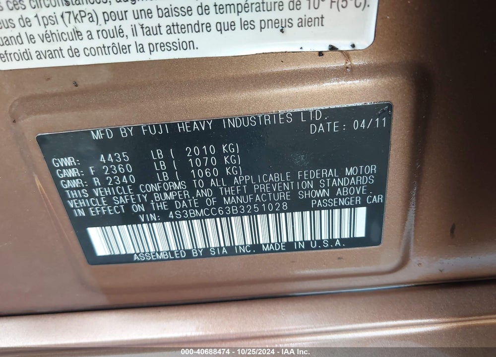2011 SUBARU LEGACY 2.5I PREMIUM VIN: 4S3BMCC63B3251028
