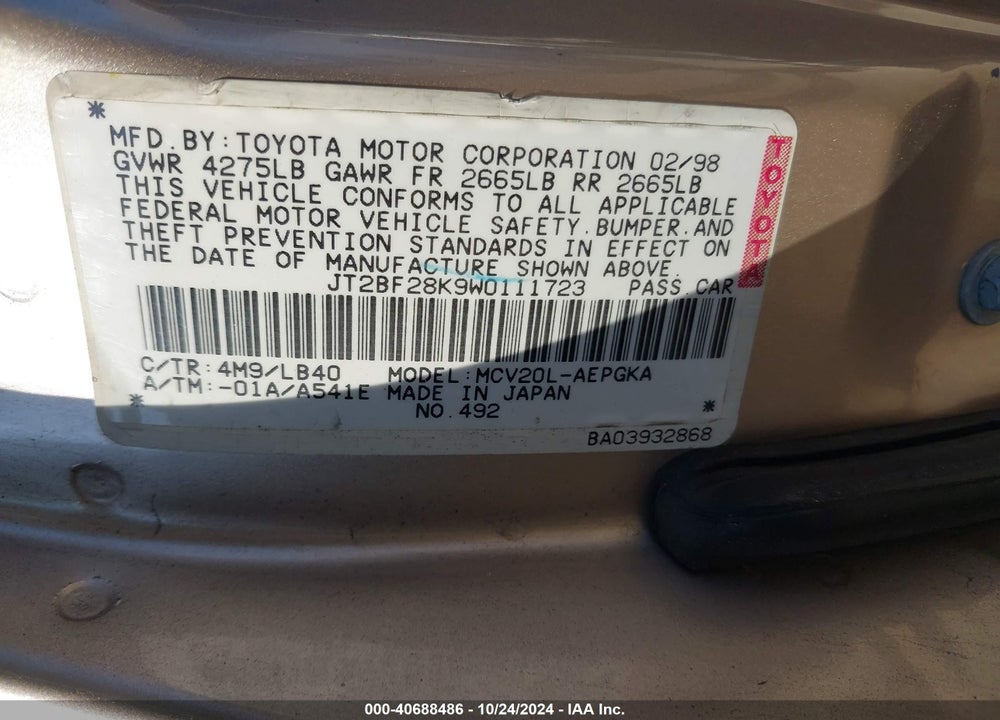 1998 TOYOTA CAMRY XLE V6 VIN: JT2BF28K9W0111723