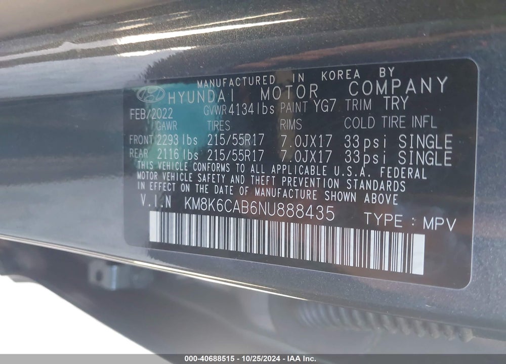 2022 HYUNDAI KONA SEL VIN: KM8K6CAB6NU888435