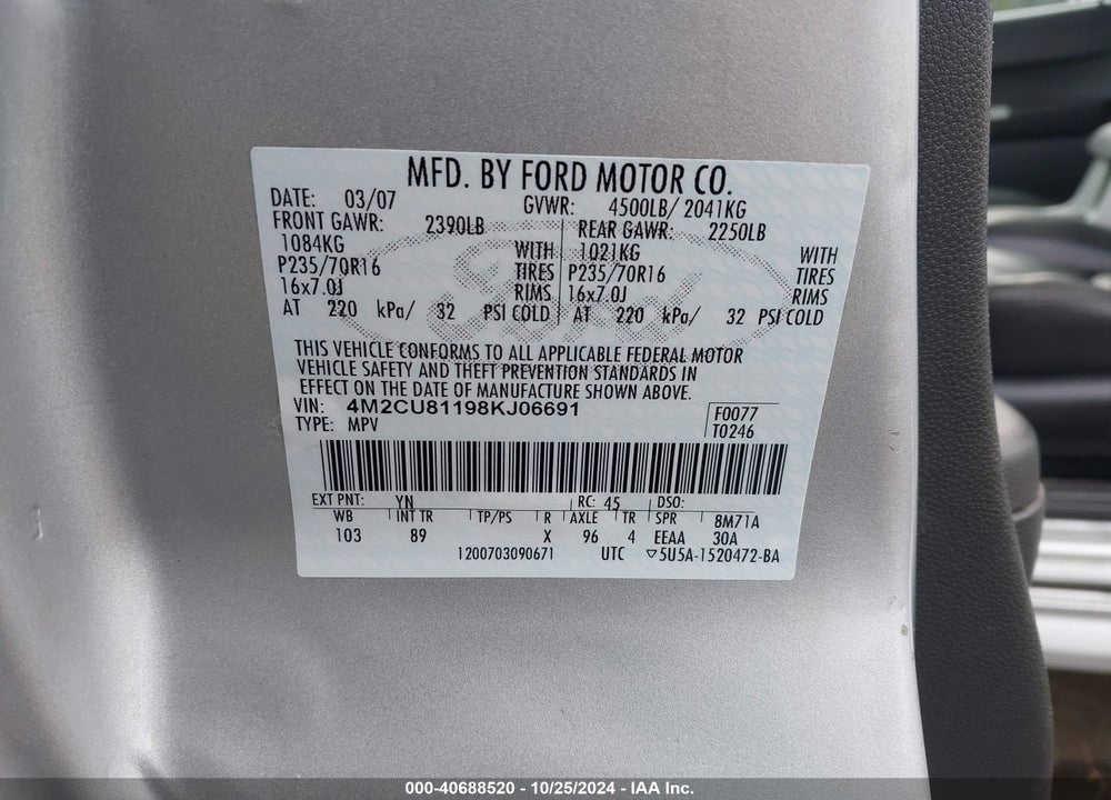 2008 MERCURY MARINER V6 VIN: 4M2CU81198KJ06691