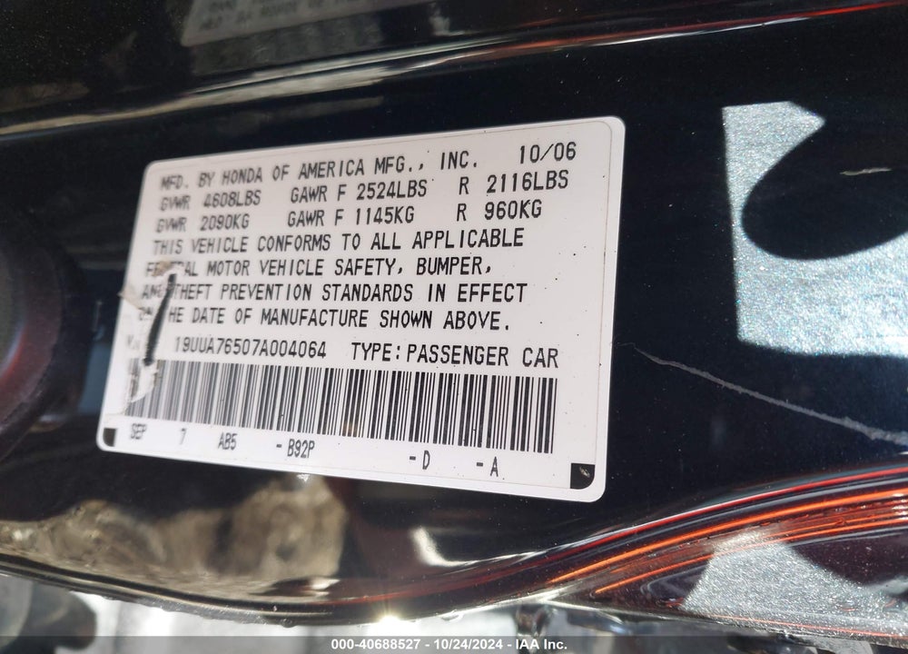 2007 ACURA TL TYPE S VIN: 19UUA76507A004064