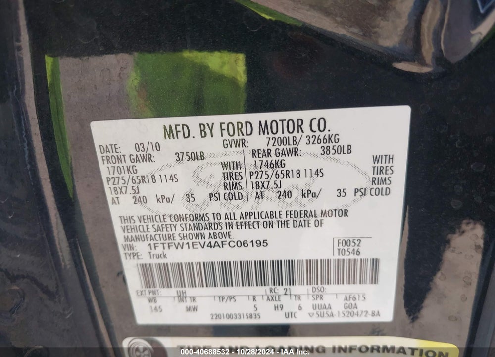 2010 FORD F-150 FX4/HARLEY-DAVIDSON/KING RANCH/LARIAT/PLATINUM/XL/XLT VIN: 1FTFW1EV4AFC06195
