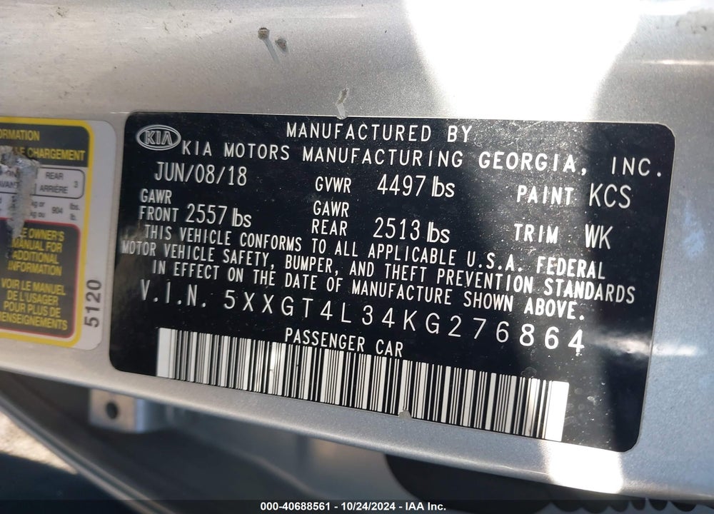 2019 KIA OPTIMA LX VIN: 5XXGT4L34KG276864
