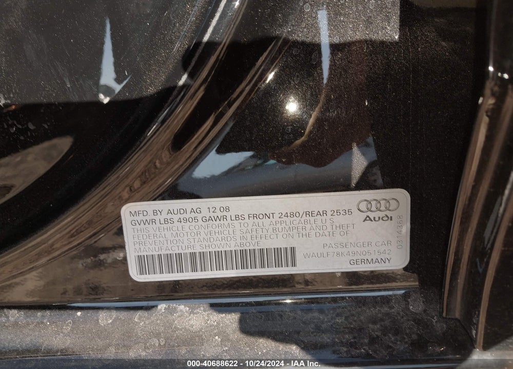 2009 AUDI A4 2.0T PREMIUM VIN: WAULF78K49N051542