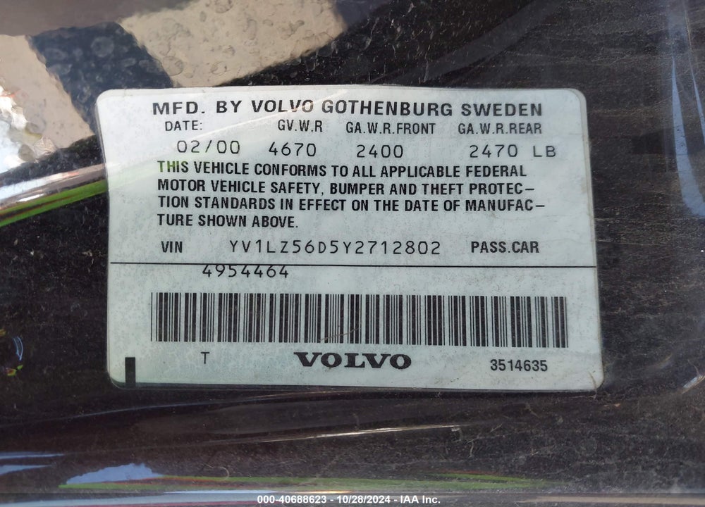 2000 VOLVO V70 XC/XC SE VIN: YV1LZ56D5Y2712802