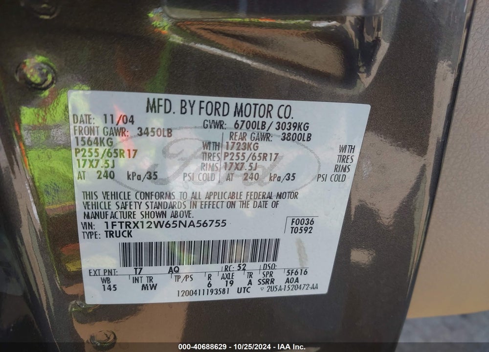 2005 FORD F-150 STX/XL/XLT VIN: 1FTRX12W65NA56755