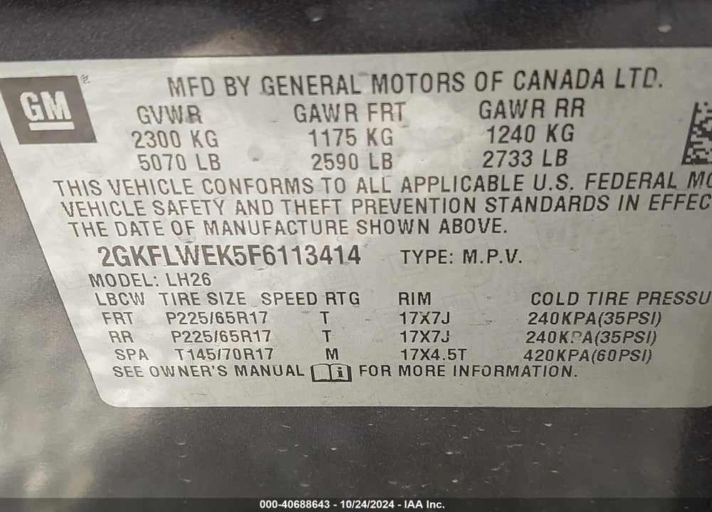 2015 GMC TERRAIN SLE-2 VIN: 2GKFLWEK5F6113414