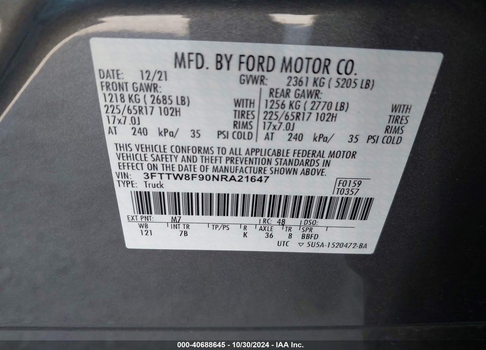 2022 FORD MAVERICK XLT VIN: 3FTTW8F90NRA21647