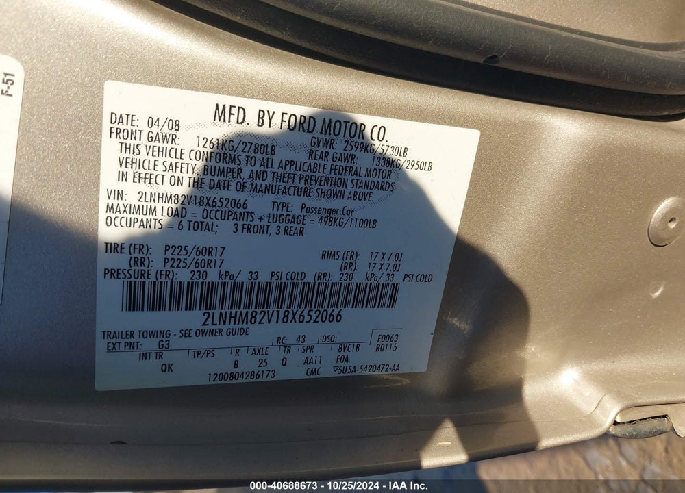 2008 LINCOLN TOWN CAR SIGNATURE LIMITED VIN: 2LNHM82V18X652066