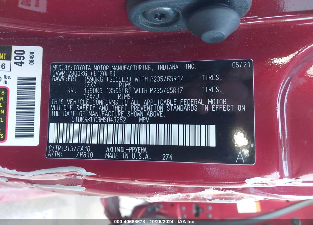 2021 TOYOTA SIENNA LE VIN: 5TDKRKEC9MS043252