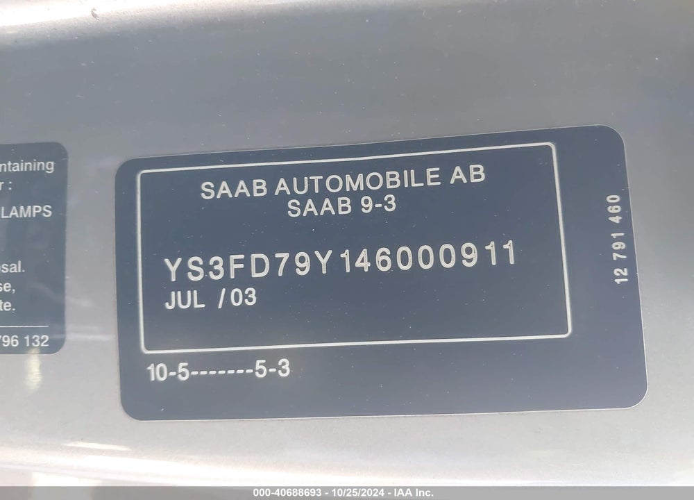 2004 SAAB 9-3 ARC VIN: YS3FD79Y146000911