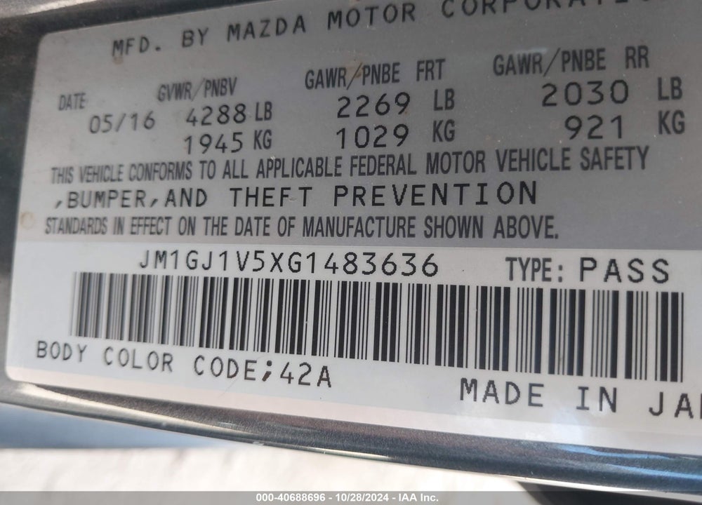 2016 MAZDA 6 I TOURING VIN: JM1GJ1V5XG1483636