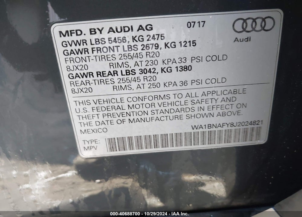 2018 AUDI Q5 2.0T PREMIUM/2.0T TECH PREMIUM VIN: WA1BNAFY8J2024821