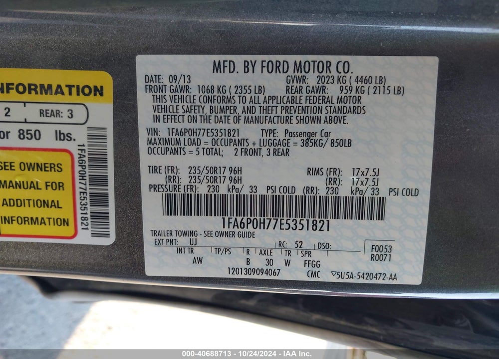 2014 FORD FUSION SE VIN: 1FA6P0H77E5351821