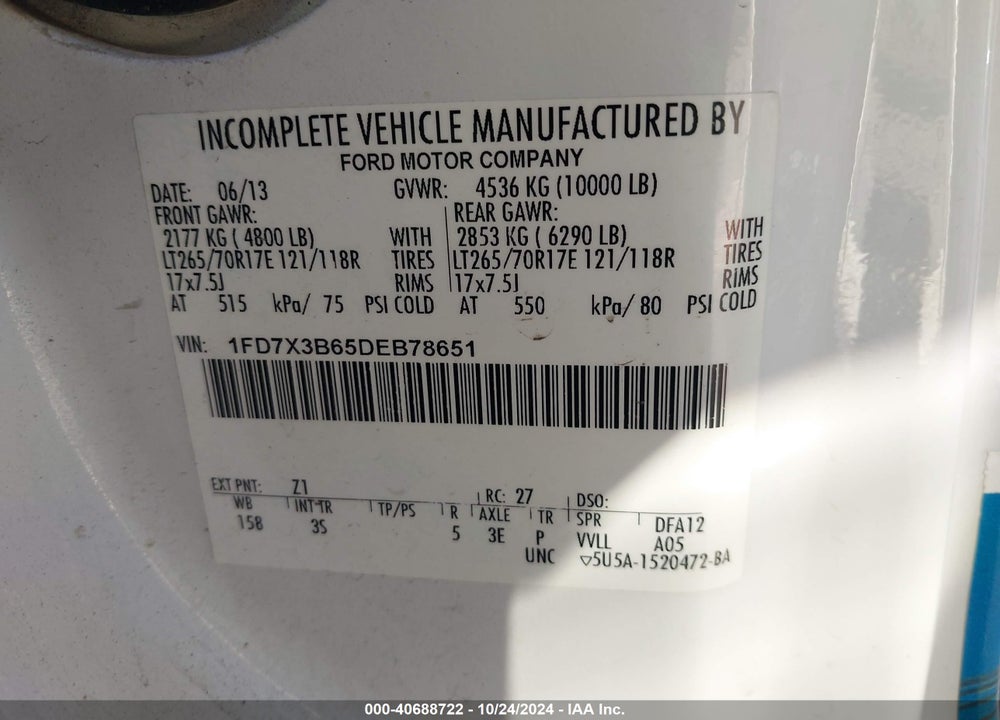 2013 FORD F-350 XLT VIN: 1FD7X3B65DEB78651