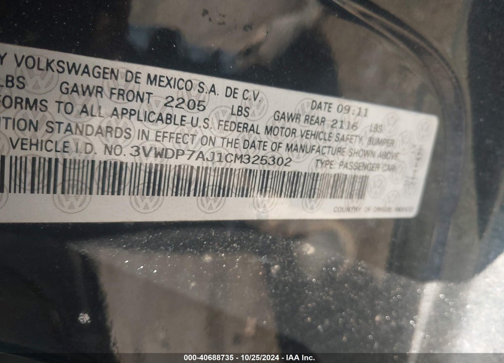 2012 VOLKSWAGEN JETTA 2.5L SE VIN: 3VWDP7AJ1CM325302