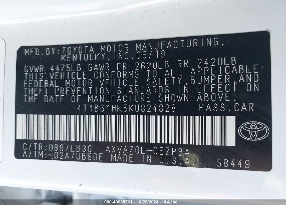 2019 TOYOTA CAMRY XSE VIN: 4T1B61HK5KU824828