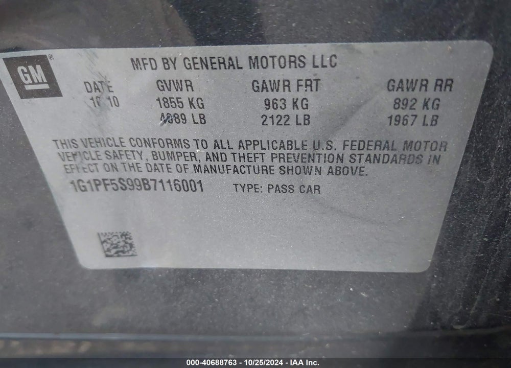 2011 CHEVROLET CRUZE 1LT VIN: 1G1PF5S99B7116001