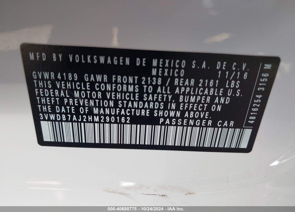 2017 VOLKSWAGEN JETTA 1.4T SE VIN: 3VWDB7AJ2HM290162
