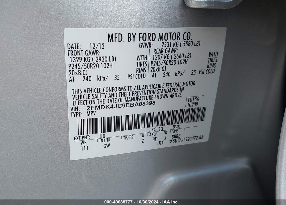2014 FORD EDGE SEL VIN: 2FMDK4JC9EBA08398