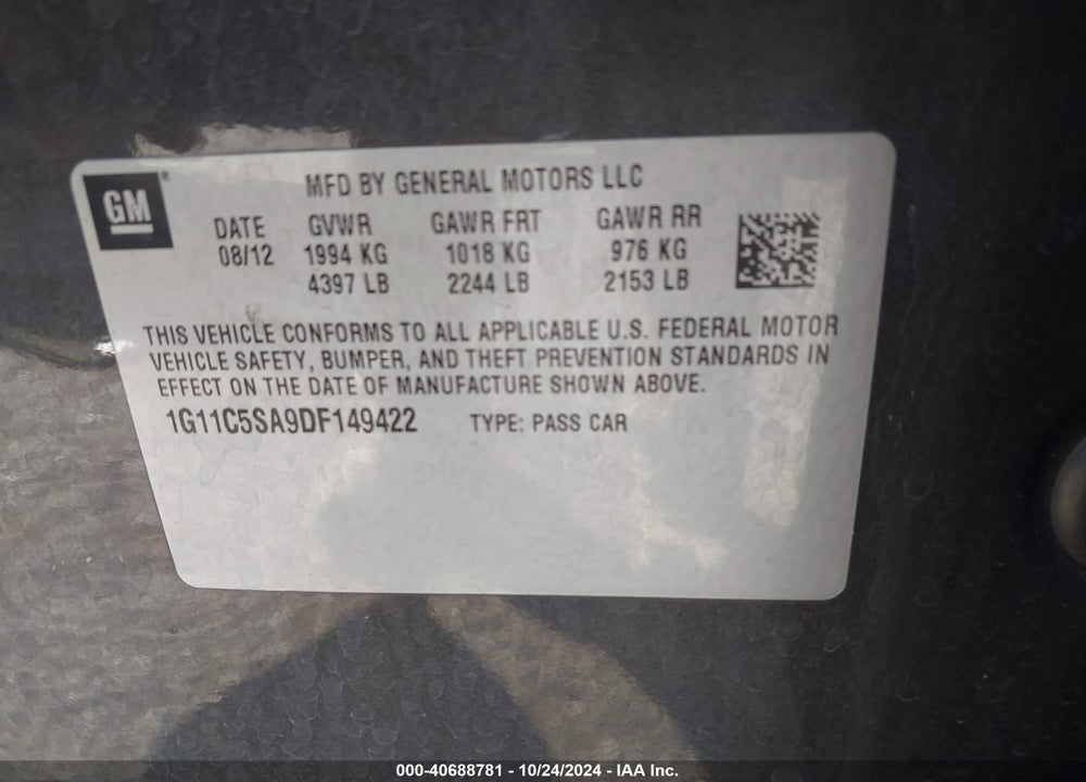2013 CHEVROLET MALIBU 1LT VIN: 1G11C5SA9DF149422