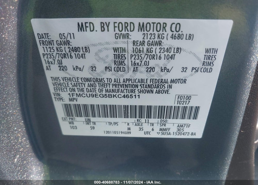 2011 FORD ESCAPE VIN: 1FMCU9EG5BKC46511