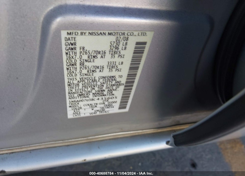 2008 NISSAN FRONTIER SE VIN: 1N6AD07U38C435605