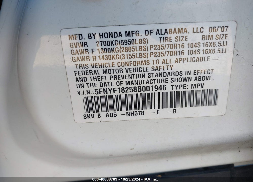 2008 HONDA PILOT VP VIN: 5FNYF18258B001946