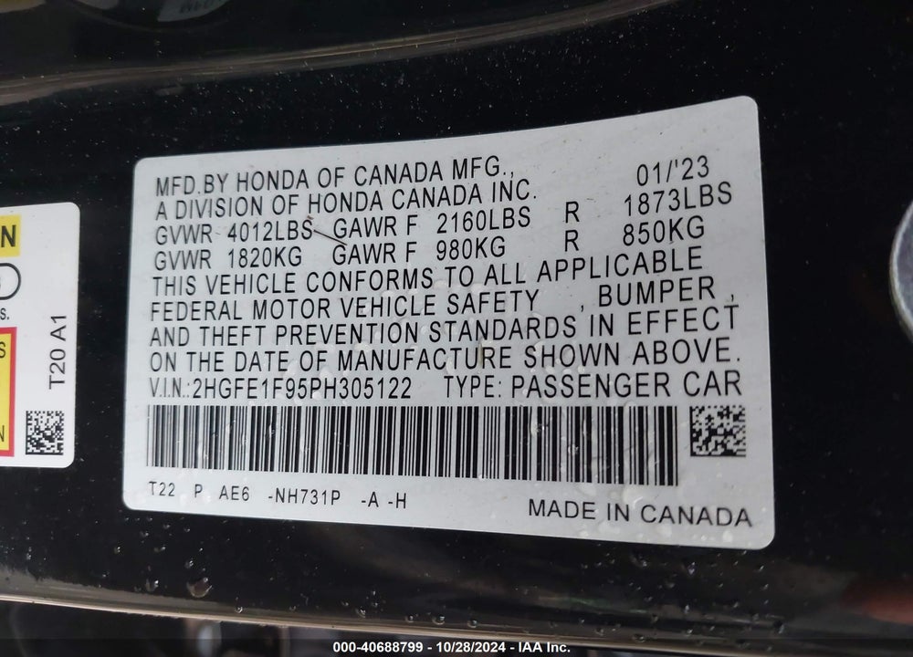 2023 HONDA CIVIC TOURING VIN: 2HGFE1F95PH305122