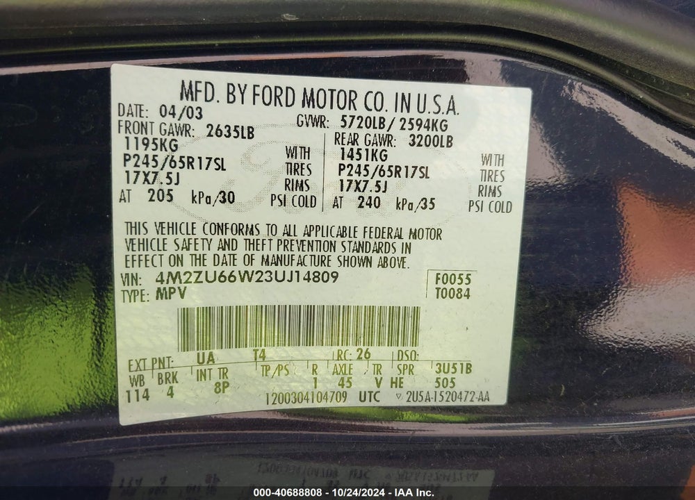 2003 MERCURY MOUNTAINEER VIN: 4M2ZU66W23UJ14809