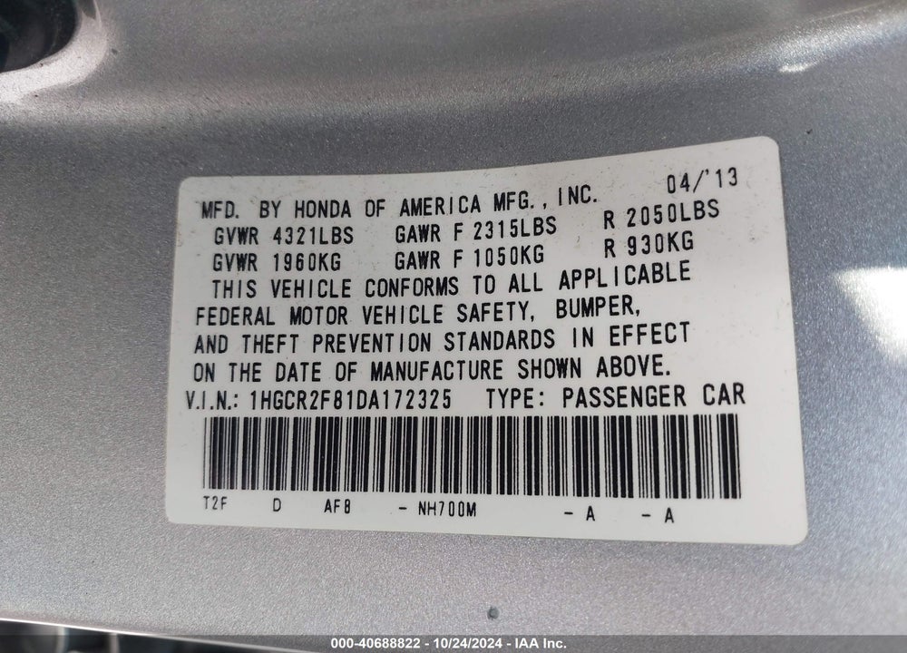 2013 HONDA ACCORD EX-L VIN: 1HGCR2F81DA172325