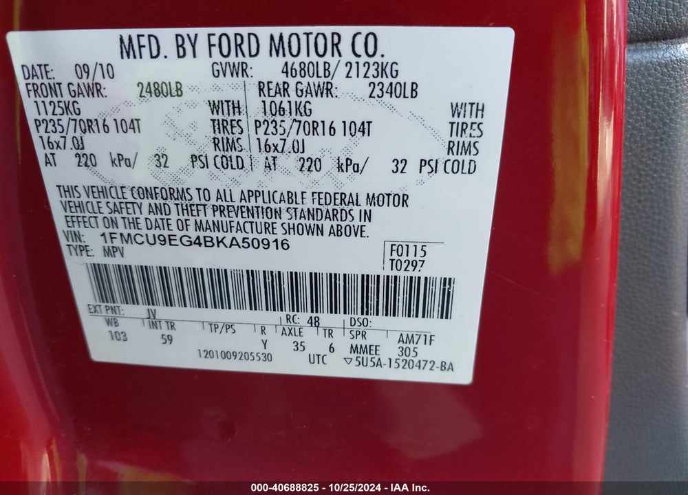 2011 FORD ESCAPE LIMITED VIN: 1FMCU9EG4BKA50916
