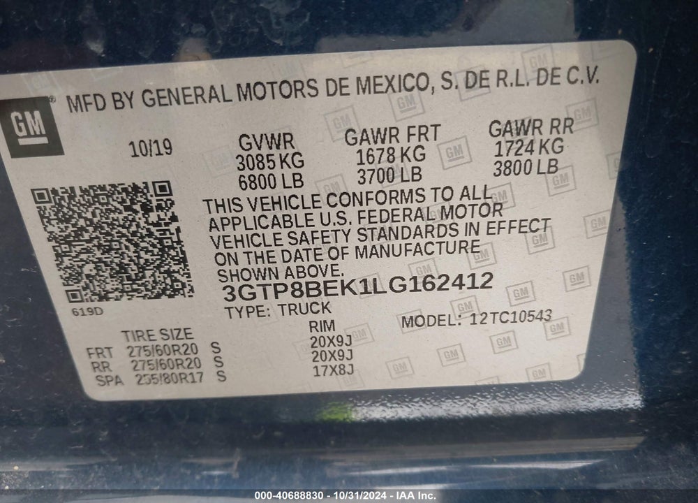 2020 GMC SIERRA 1500 2WD SHORT BOX SLE VIN: 3GTP8BEK1LG162412
