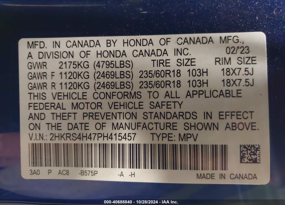 2023 HONDA CR-V EX AWD VIN: 2HKRS4H47PH415457