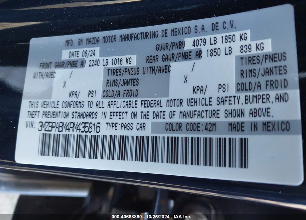 2024 MAZDA 3 2.5 S SELECT SPORT VIN: 3MZBPABM4RM435816
