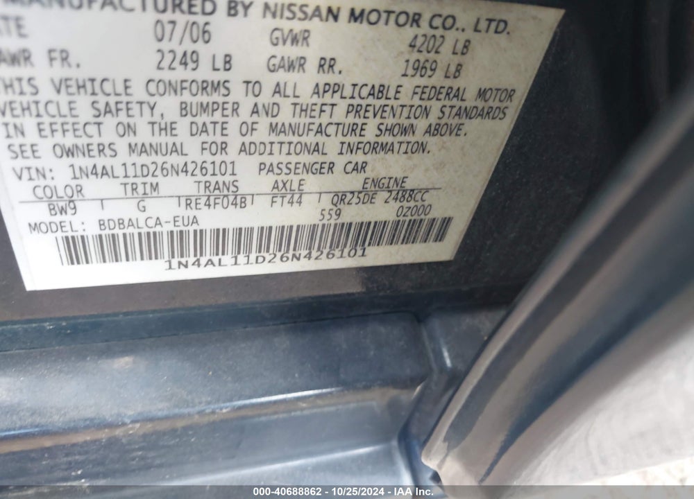 2006 NISSAN ALTIMA 2.5 S VIN: 1N4AL11D26N426101