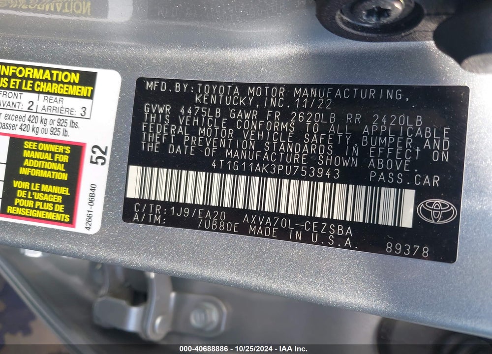 2023 TOYOTA CAMRY SE VIN: 4T1G11AK3PU753943