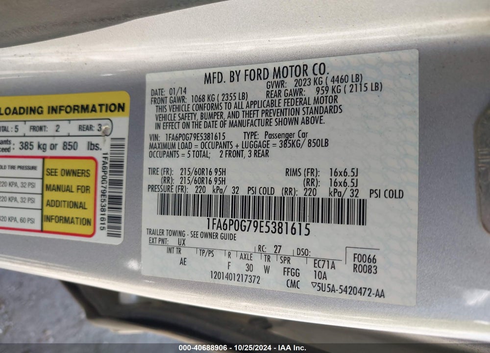 2014 FORD FUSION S VIN: 1FA6P0G79E5381615