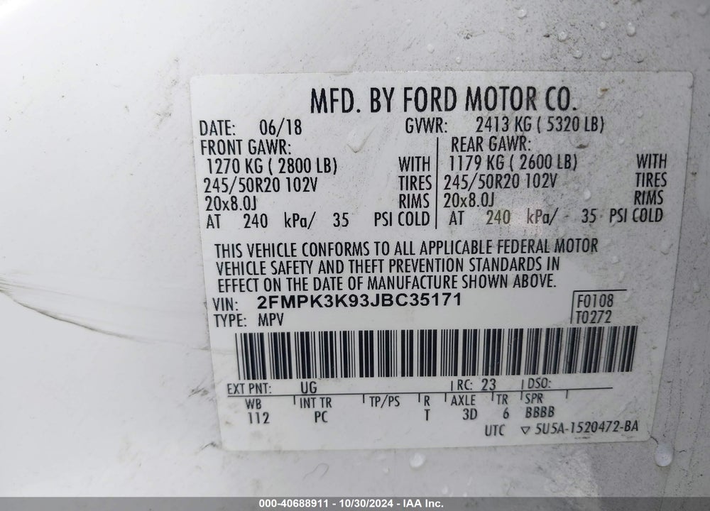 2018 FORD EDGE TITANIUM VIN: 2FMPK3K93JBC35171