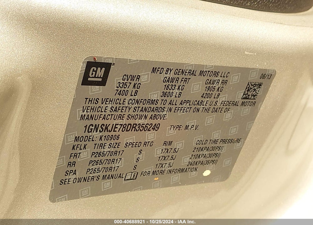 2013 CHEVROLET SUBURBAN 1500 LT VIN: 1GNSKJE78DR356249
