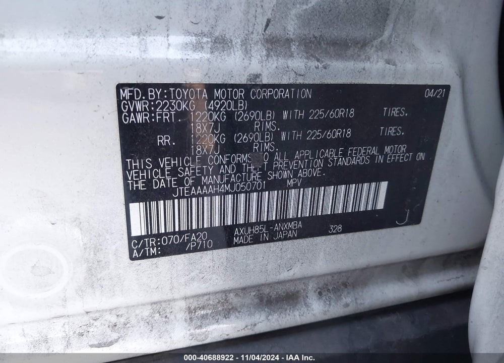 2021 TOYOTA VENZA LE VIN: JTEAAAAH4MJ050701