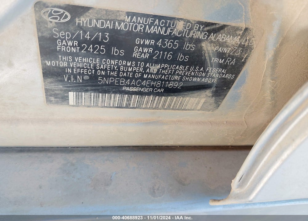 2014 HYUNDAI SONATA GLS VIN: 5NPEB4AC4EH811892