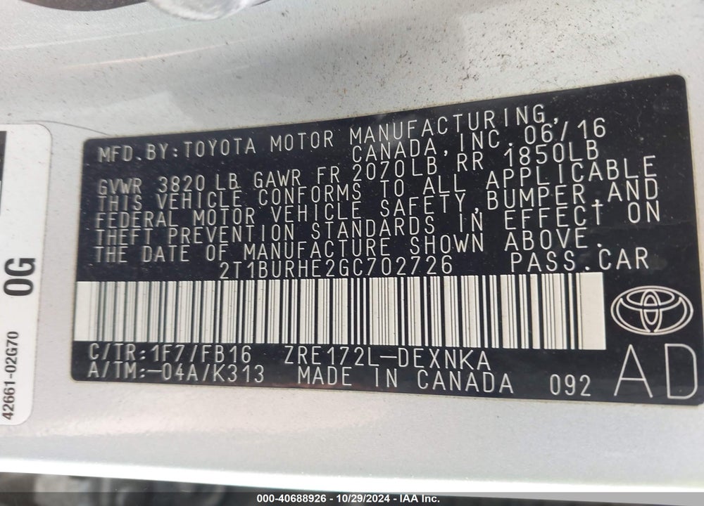 2016 TOYOTA COROLLA LE VIN: 2T1BURHE2GC702726