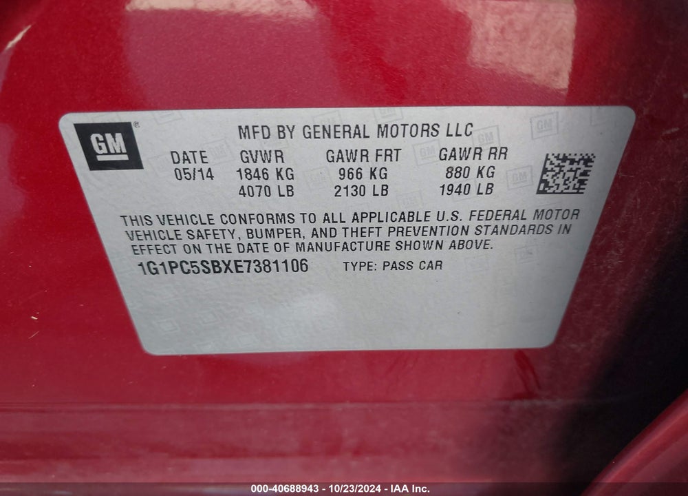 2014 CHEVROLET CRUZE 1LT AUTO VIN: 1G1PC5SBXE7381106