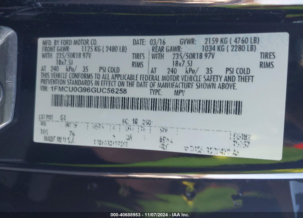 2016 FORD ESCAPE SE VIN: 1FMCU0G96GUC56258