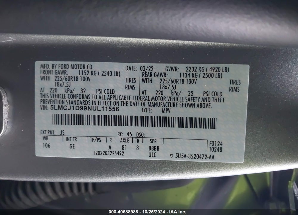 2022 LINCOLN CORSAIR STANDARD VIN: 5LMCJ1D99NUL11556