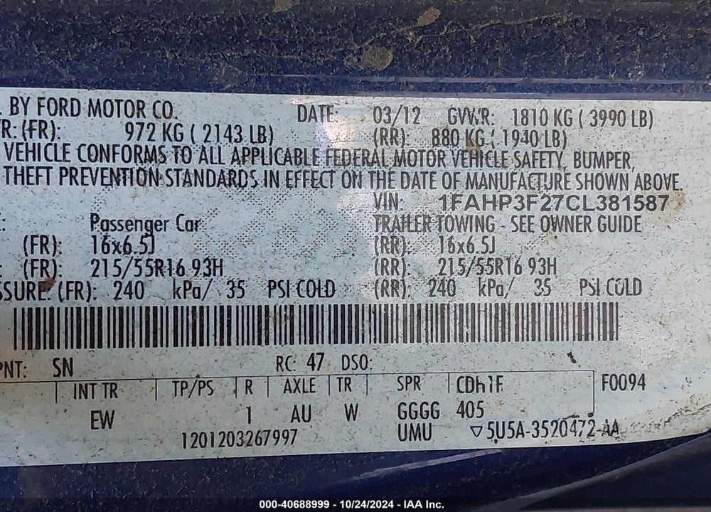 2012 FORD FOCUS SE VIN: 1FAHP3F27CL381587