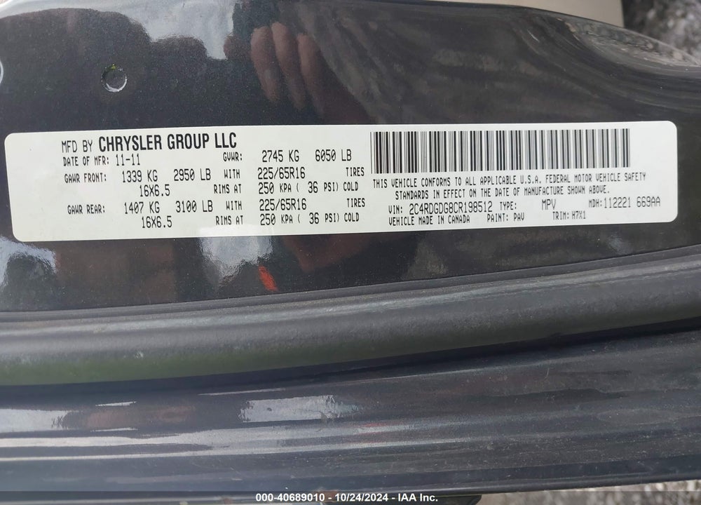 2012 DODGE GRAND CARAVAN CREW VIN: 2C4RDGDG8CR198512