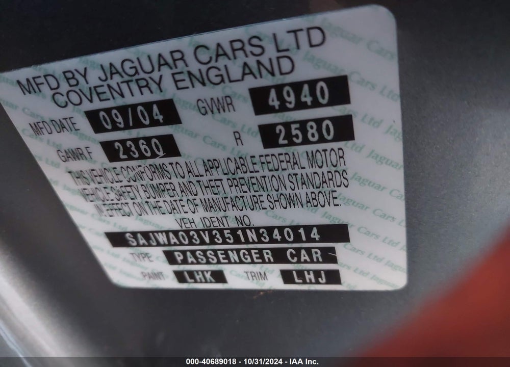 2005 JAGUAR S-TYPE 4.2L V8 R VIN: SAJWA03V351N34014