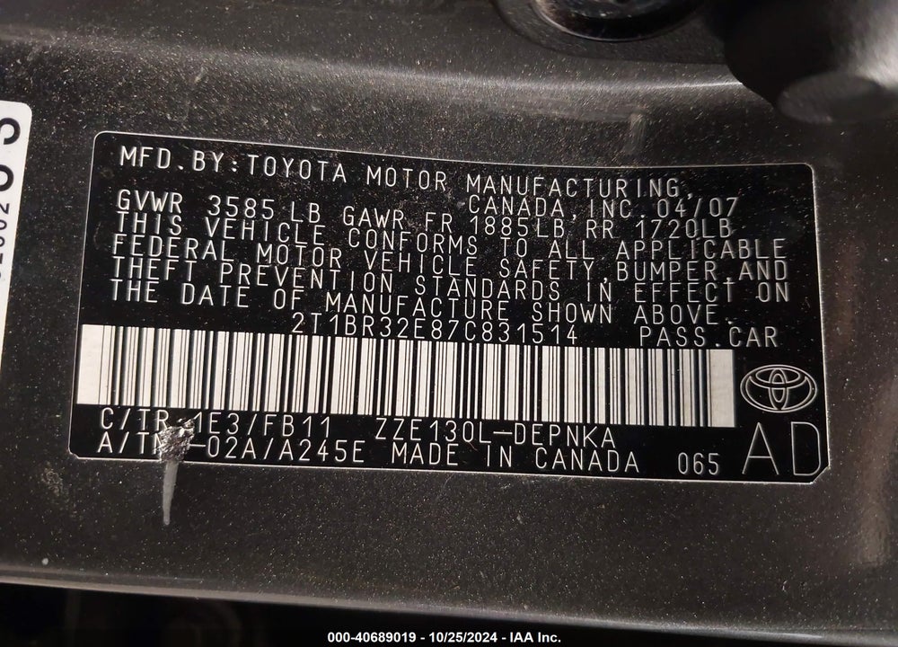 2007 TOYOTA COROLLA LE VIN: 2T1BR32E87C831514
